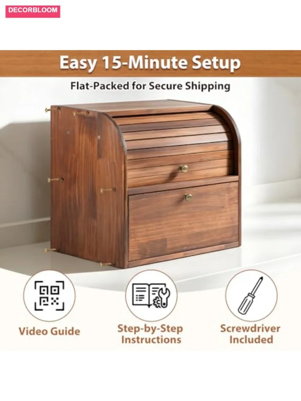 Wooden 2-Tier Bread Box with Roll Top & Cutting Board, Kitchen Storage